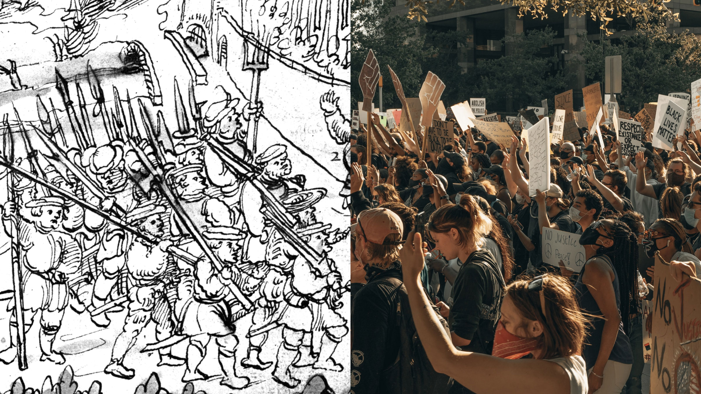 Collage: Weißenauer Chronik von 1525 und Protestierende heute