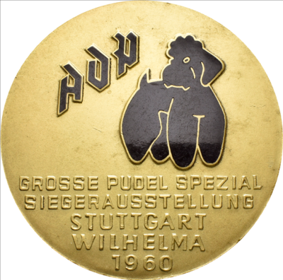 Medaille: Zeichnung eines Pudels und Text mit Nennung des Anlass der Medaille