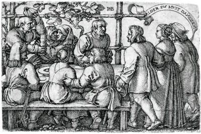 Hans Sebald Behams Kupferstich "Ein Bauernschmaus", ca. 1536. 