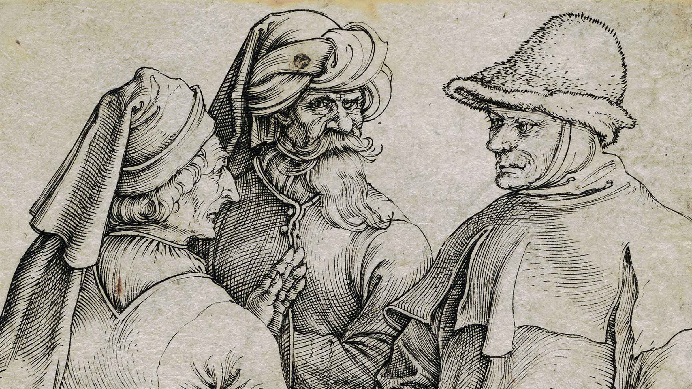 Ausschnitt aus Albrecht Dürers Kupferstich "Drei Bauern im Gespräch", um 1497 .