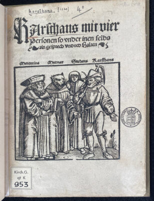 Reformationsdialog „Karsthans“ (rechts stehend die Titelfigur), Titelblatt einer Schrift von 1520/21. 