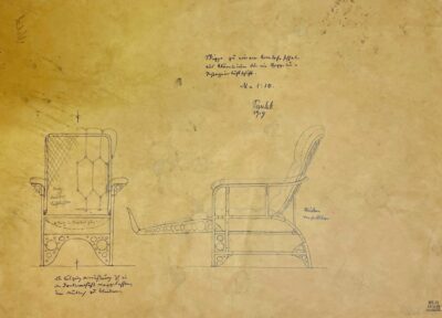 Zeichnung: Beschriftete, einfarbige Skizze eines Liegestuhls von vorne und der Seite