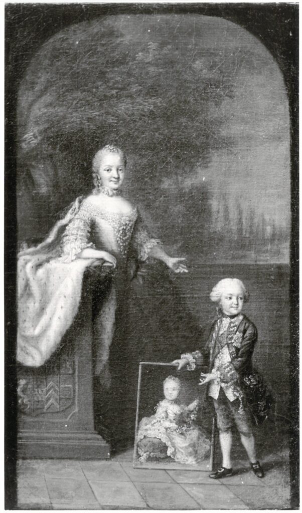 Gemälde: Eine Frau mit einem Jungen, der das Bild eines Babys hält. Die Frau zeigt auf den Jungen.