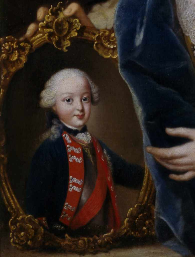Detail eines Gemäldes: Das Porträt eines Jungen in Brustharnisch.