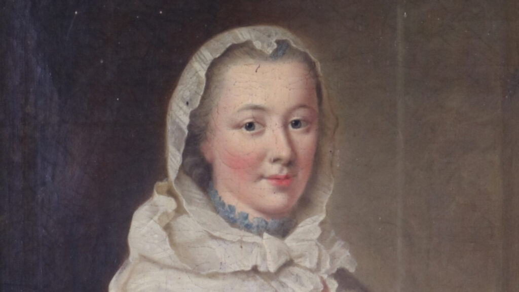 Detailansicht eines Ölgemäldes. Darauf ist das Gesicht einer Frau mit weißer Haube.
