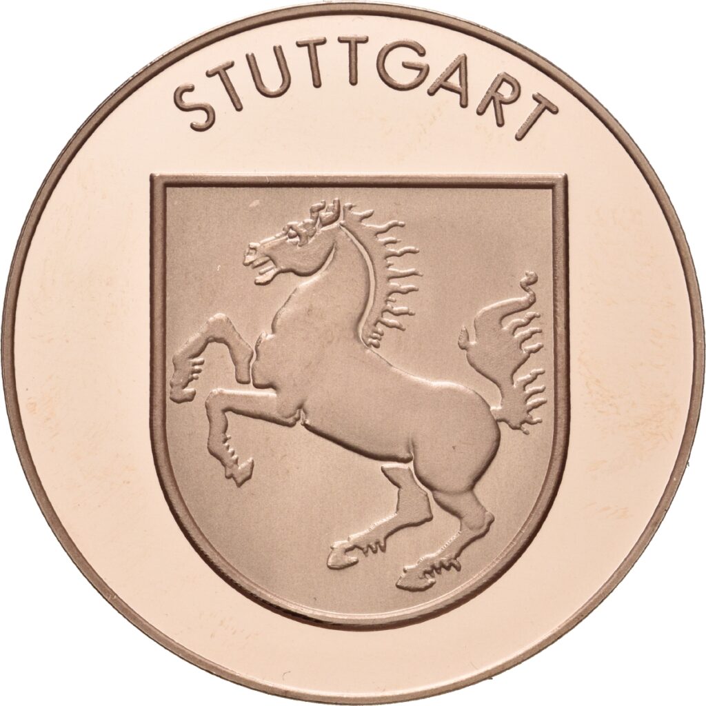 Vorderseite einer Medaille mit dem Pferd im Stuttgarter Wappen und "STUTTGART" darüber.
