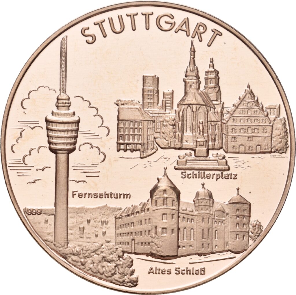 Rückseite einer Medaille mit Stuttgarter Fernsehturm, Schillerplatz und Altem Schloss und "STUTTGART" darüber.