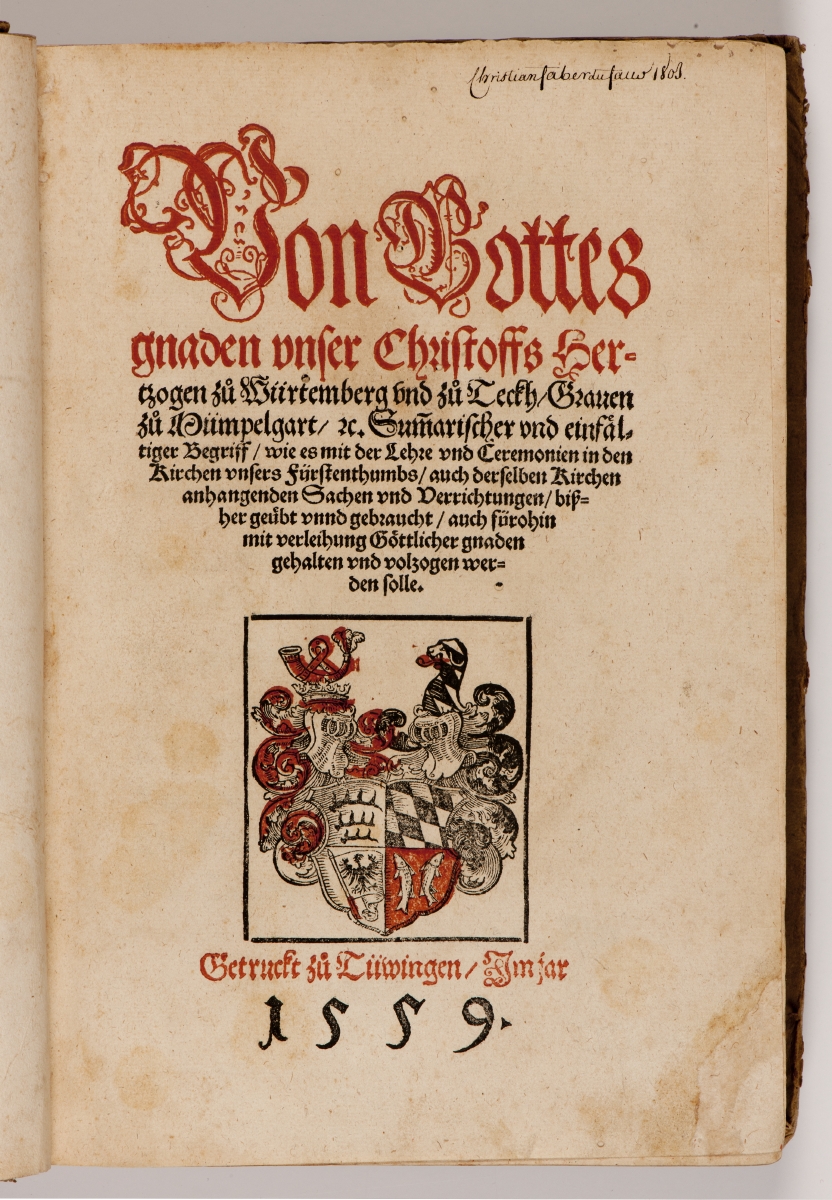 Titelblatt eines gedruckten Buches mit dem Wappen von Württemberg und der Jahreszahl 1559.
