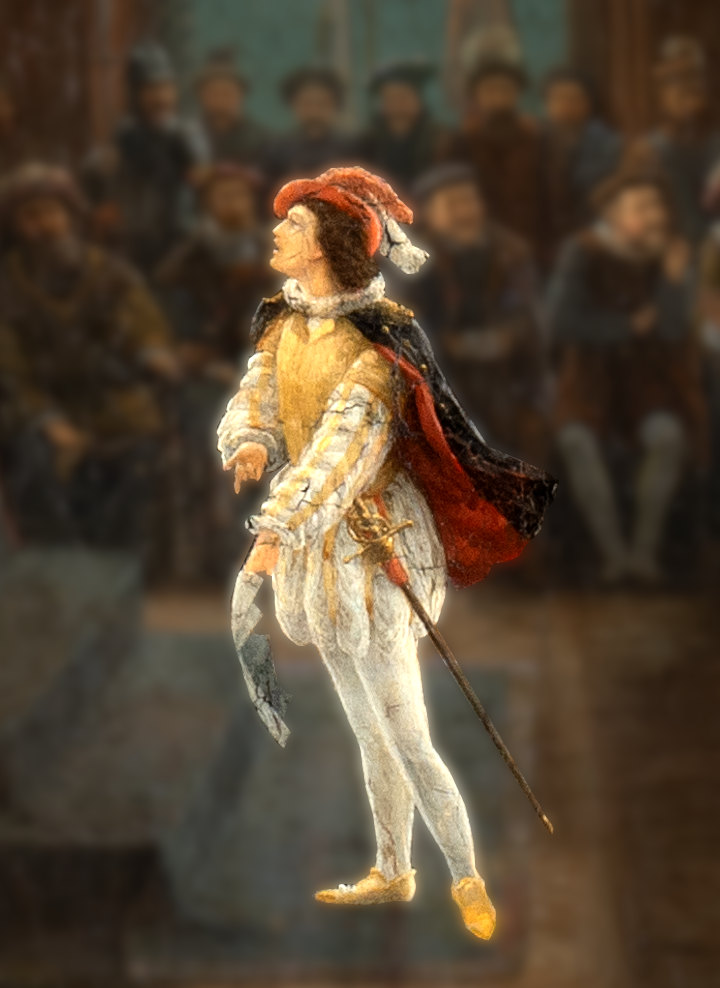 Detail des Gemäldes: Ein junger Mann redet, während er auf ein Blatt in seiner Hand zeigt.