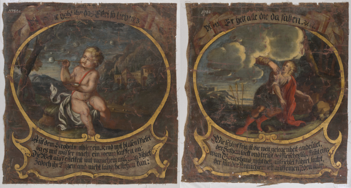 Zwei barocke Gemälde welche von Schriftbänder eingefasst sind. Links ein Seifenblasendes Kind, rechts eine fallende Person.