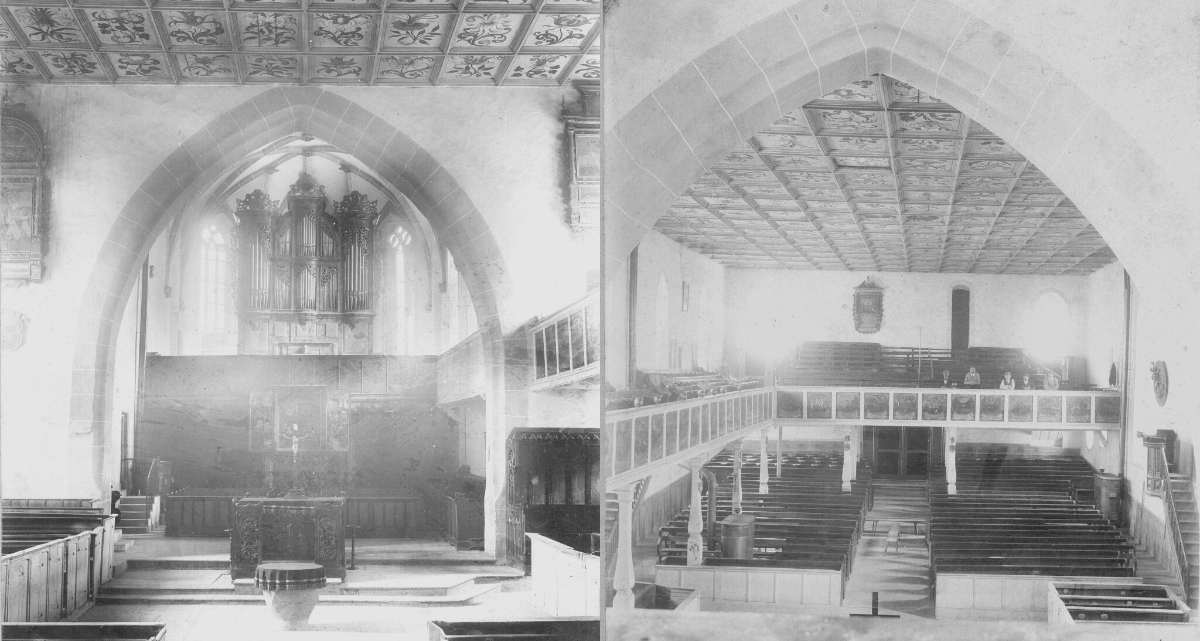 Zwei Fotos in schwarz-weiß aus dem Inneren einer Kirche.