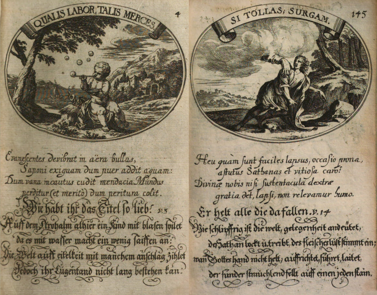 Zwei Seiten eines alten Buches mit jeweils einer Zeichnung in schwarz-weiß und etwas Text darunter.