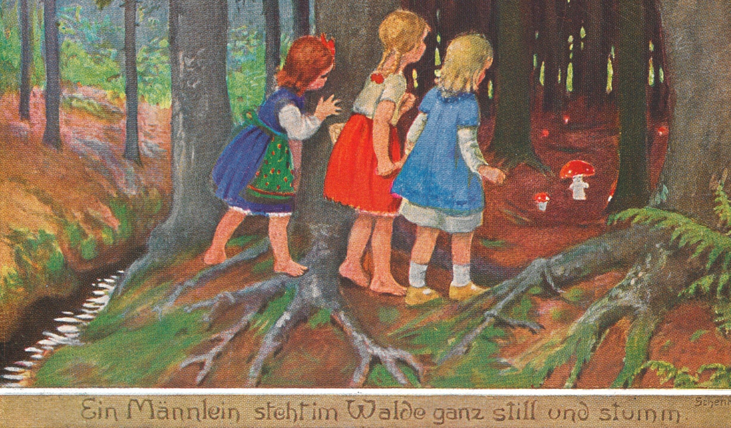 Postkarte: Drei Kinder schauen in den Wald und betrachten Fliegenpilze.