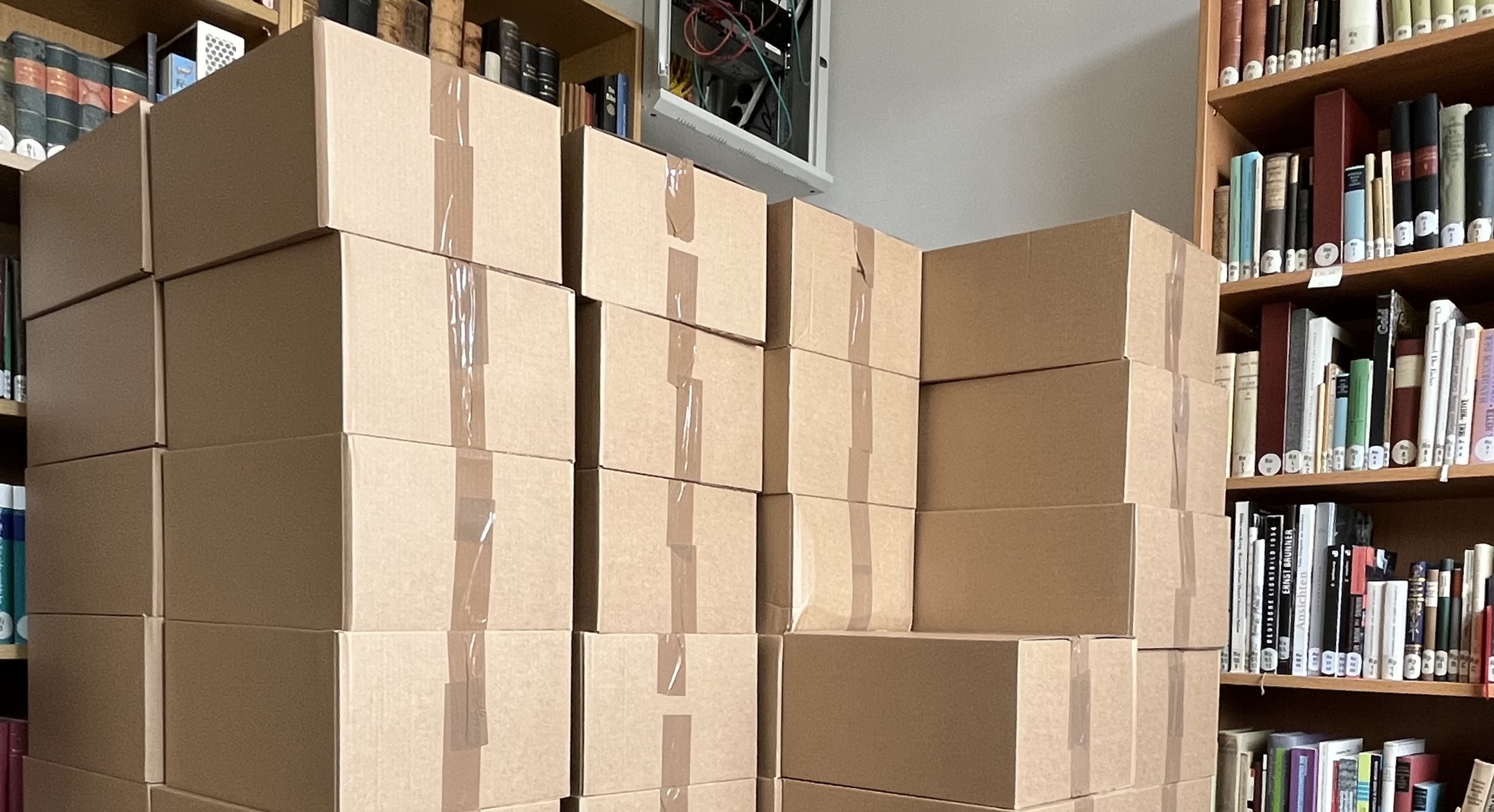 Das Bild zeigt gestapelte und zugeklebte Pappkartons vor Bücherregalen.