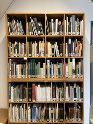 Ein Holzregal, das komplett mit Büchern gefüllt ist.