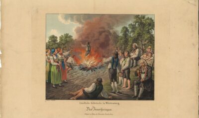 Gemalte Darstellung. Menschen die über Feuer springen. Umgeben von Publikum.