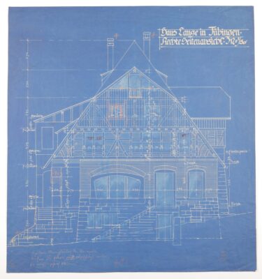 Architekturzeichnung auf blauem Papier. Oben rechts steht: „Haus Lange in Tübingen Rechte Seitenansicht“.