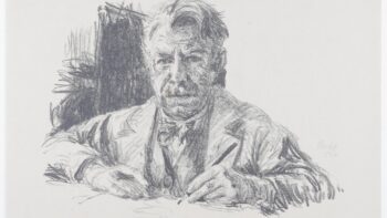 Zeichnung: Ein Bild bis zur Brust eines Mannes mit Bleistift in der Hand.