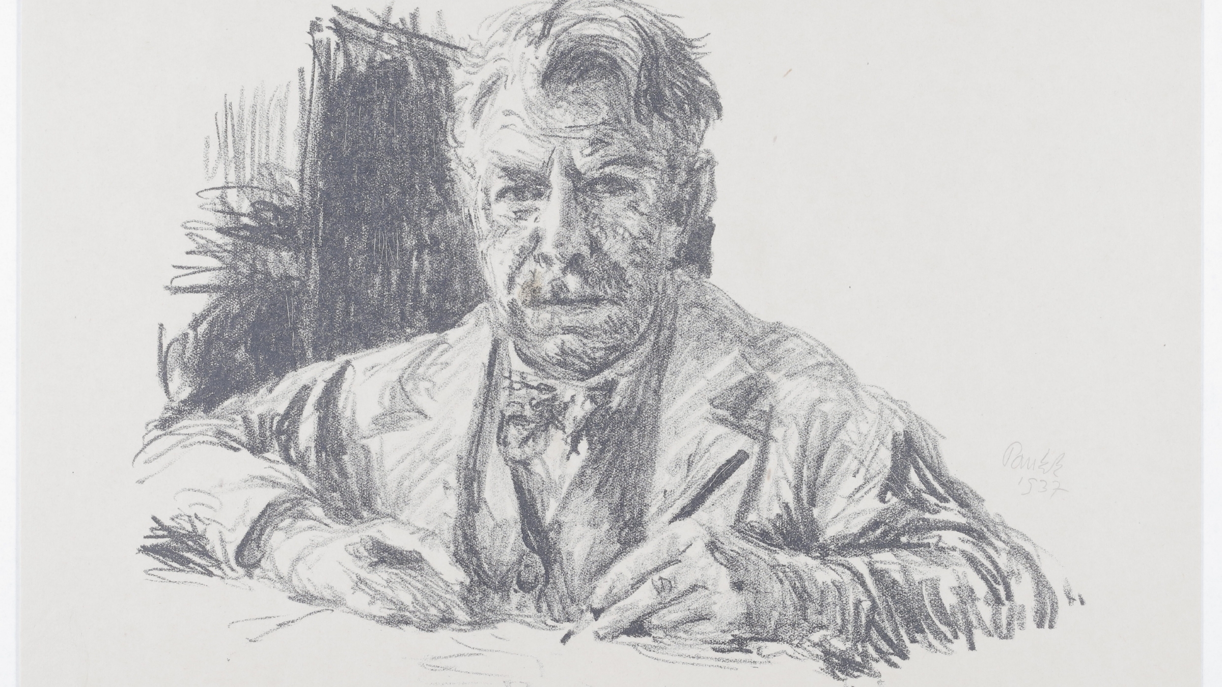 Zeichnung: Ein Bild bis zur Brust eines Mannes mit Bleistift in der Hand.