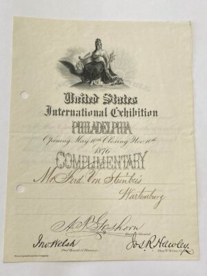 Ein leicht vergilbtes Dokument zur United States International Exhibition Philadelphia 1876, handschriftlich unterschrieben.