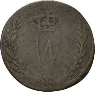 Eine historische, dunkel gefärbte Münze, auf der ein W abgebildet ist. Über dem W ist eine Krone abgebildet.