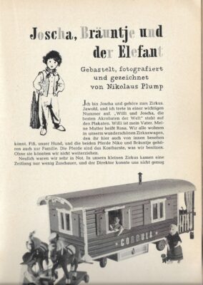 Auf einer Buchseite wird eine Geschichte aus dem Zirkus erzählt. Man sieht das gezeichnete Bild eines Jungen und darunter den Zirkuswohnwagen.