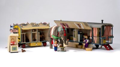 Ein Zirkus-Spielensemble: Man sieht ein Kassenhäuschen, einen Wohnwagen, die Zirkusfamilie als Puppen, einen Stoffelefant und einen Tierschauwagen. 