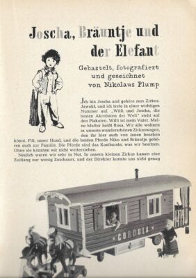 Ein schwarz-weiß-Scan einer Seite aus einer Zeitschrift. Unter der großen Überschrift steht ein Text. Daneben ist eine Zeichnung einer Figur. Unter dem Text ist ein Foto eines Zirkuswagen-Modells.
